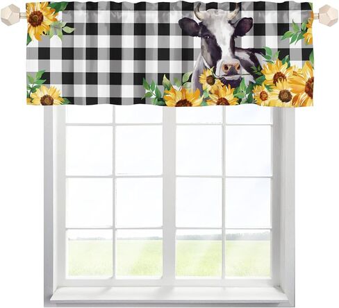 Cow Valances for Windows, Black and White Checkered Valance Curtains for Living Room, Farm Animal Bless This Home Flower Window Valances Rod Pocket Farmhouse Kitchen Decor 54x18 inch, 1 Panel in Saudi Arabia
