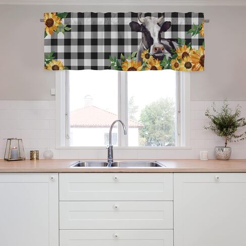Cow Valances for Windows, Black and White Checkered Valance Curtains for Living Room, Farm Animal Bless This Home Flower Window Valances Rod Pocket Farmhouse Kitchen Decor 54x18 inch, 1 Panel in Saudi Arabia