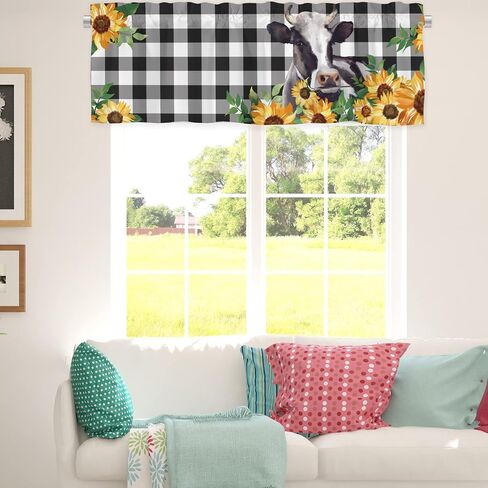Cow Valances for Windows, Black and White Checkered Valance Curtains for Living Room, Farm Animal Bless This Home Flower Window Valances Rod Pocket Farmhouse Kitchen Decor 54x18 inch, 1 Panel in Saudi Arabia