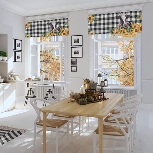 Cow Valances for Windows, Black and White Checkered Valance Curtains for Living Room, Farm Animal Bless This Home Flower Window Valances Rod Pocket Farmhouse Kitchen Decor 54x18 inch, 1 Panel in Saudi Arabia