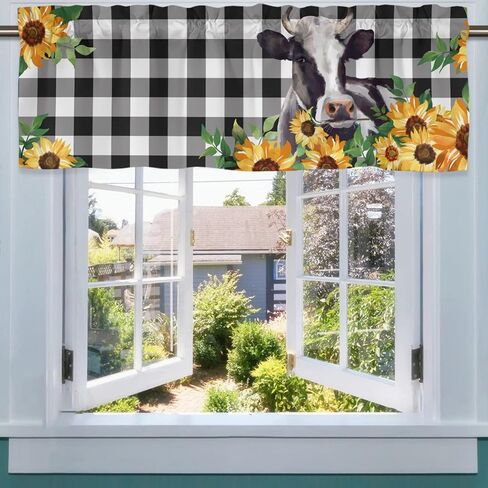 Cow Valances for Windows, Black and White Checkered Valance Curtains for Living Room, Farm Animal Bless This Home Flower Window Valances Rod Pocket Farmhouse Kitchen Decor 54x18 inch, 1 Panel in Saudi Arabia