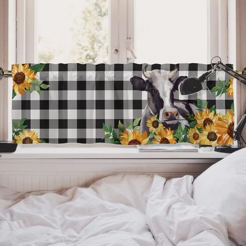 Cow Valances for Windows, Black and White Checkered Valance Curtains for Living Room, Farm Animal Bless This Home Flower Window Valances Rod Pocket Farmhouse Kitchen Decor 54x18 inch, 1 Panel in Saudi Arabia