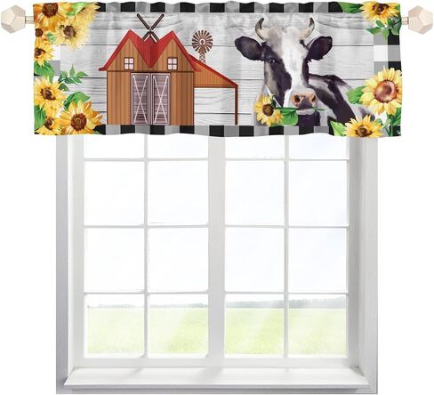 Cow Valances for Windows, Black and White Checkered Valance Curtains for Living Room, Farm Animal Bless This Home Flower Window Valances Rod Pocket Farmhouse Kitchen Decor 54x18 inch, 1 Panel in Saudi Arabia