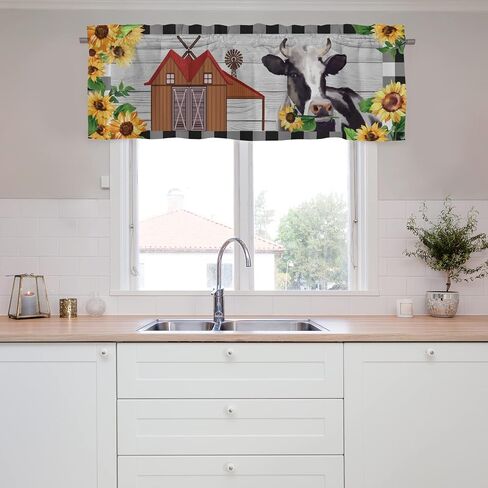 Cow Valances for Windows, Black and White Checkered Valance Curtains for Living Room, Farm Animal Bless This Home Flower Window Valances Rod Pocket Farmhouse Kitchen Decor 54x18 inch, 1 Panel in Saudi Arabia