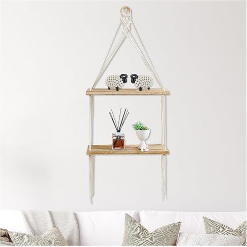 Macrame الجرف الجرف بوهو جدار ديكور 2 الطبقة اليدوية القطن حبل الخشب ريفي العائمة رفوف عرض صور النباتات شنقا رفوف التخزين لغرفة المعيشة الحضانة غرفة نوم الحمام in Kuwait
