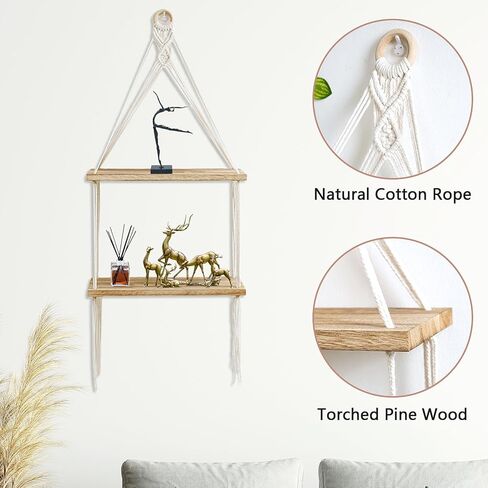 Macrame الجرف الجرف بوهو جدار ديكور 2 الطبقة اليدوية القطن حبل الخشب ريفي العائمة رفوف عرض صور النباتات شنقا رفوف التخزين لغرفة المعيشة الحضانة غرفة نوم الحمام in Kuwait