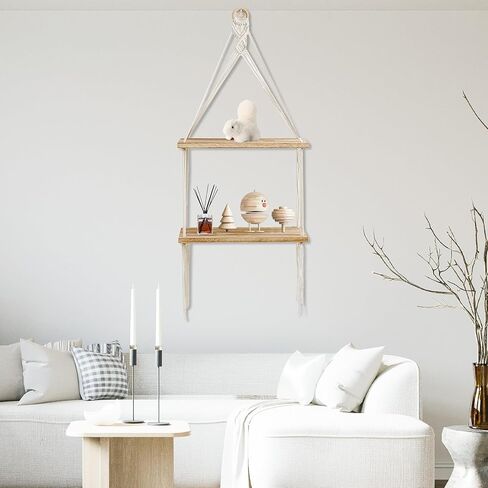 Macrame الجرف الجرف بوهو جدار ديكور 2 الطبقة اليدوية القطن حبل الخشب ريفي العائمة رفوف عرض صور النباتات شنقا رفوف التخزين لغرفة المعيشة الحضانة غرفة نوم الحمام in Kuwait