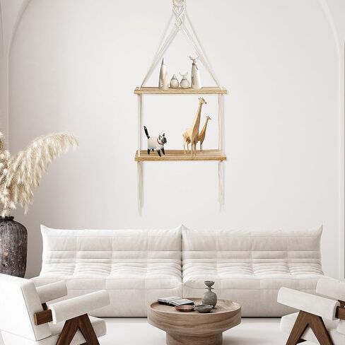 Macrame الجرف الجرف بوهو جدار ديكور 2 الطبقة اليدوية القطن حبل الخشب ريفي العائمة رفوف عرض صور النباتات شنقا رفوف التخزين لغرفة المعيشة الحضانة غرفة نوم الحمام in Kuwait