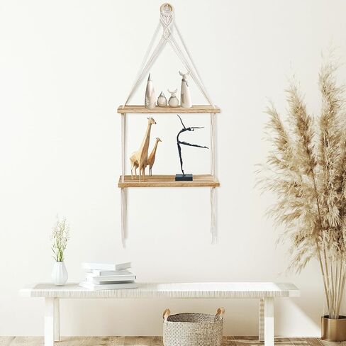 Macrame الجرف الجرف بوهو جدار ديكور 2 الطبقة اليدوية القطن حبل الخشب ريفي العائمة رفوف عرض صور النباتات شنقا رفوف التخزين لغرفة المعيشة الحضانة غرفة نوم الحمام in Kuwait