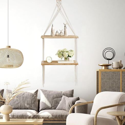Macrame الجرف الجرف بوهو جدار ديكور 2 الطبقة اليدوية القطن حبل الخشب ريفي العائمة رفوف عرض صور النباتات شنقا رفوف التخزين لغرفة المعيشة الحضانة غرفة نوم الحمام in Kuwait
