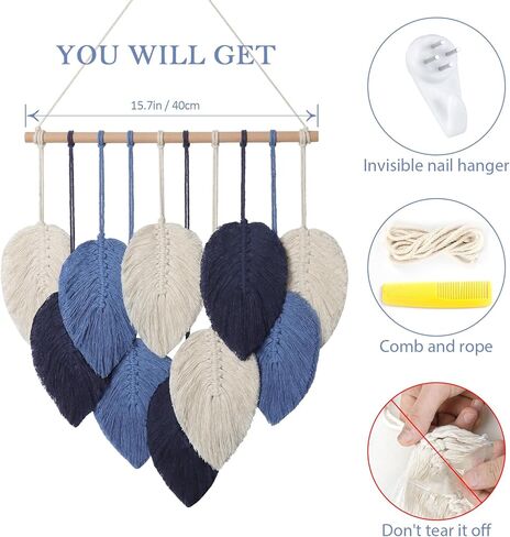 Weldomcor Macrame الجدار شنقا يترك أنيقة المنسوجة ورقة شرابات الديكور القطن الحلي نسيج ديكور الغرفة الحديثة البوهيمي اليدوية ريشة جدار الفن الزينة لخلفية الشقة (الأزرق الداكن) in Kuwait