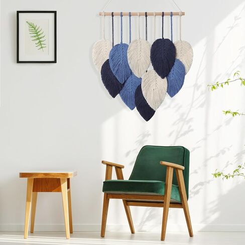 Weldomcor Macrame الجدار شنقا يترك أنيقة المنسوجة ورقة شرابات الديكور القطن الحلي نسيج ديكور الغرفة الحديثة البوهيمي اليدوية ريشة جدار الفن الزينة لخلفية الشقة (الأزرق الداكن) in Kuwait