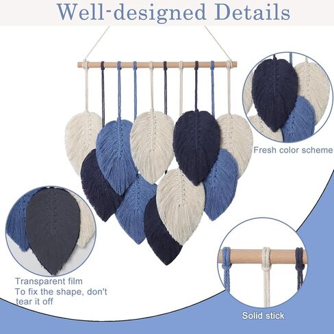 Weldomcor Macrame الجدار شنقا يترك أنيقة المنسوجة ورقة شرابات الديكور القطن الحلي نسيج ديكور الغرفة الحديثة البوهيمي اليدوية ريشة جدار الفن الزينة لخلفية الشقة (الأزرق الداكن) in Kuwait