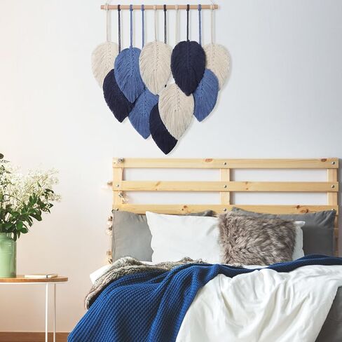 Weldomcor Macrame الجدار شنقا يترك أنيقة المنسوجة ورقة شرابات الديكور القطن الحلي نسيج ديكور الغرفة الحديثة البوهيمي اليدوية ريشة جدار الفن الزينة لخلفية الشقة (الأزرق الداكن) in Kuwait