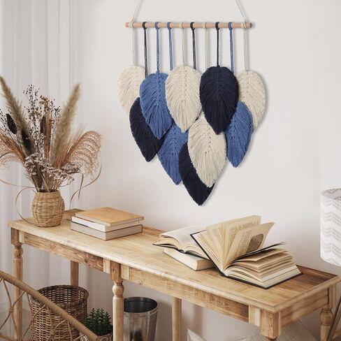 Weldomcor Macrame الجدار شنقا يترك أنيقة المنسوجة ورقة شرابات الديكور القطن الحلي نسيج ديكور الغرفة الحديثة البوهيمي اليدوية ريشة جدار الفن الزينة لخلفية الشقة (الأزرق الداكن) in Kuwait