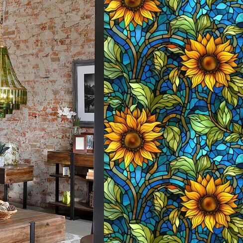 Privacy Window Film Stained Glass Window Film Non-Adhesive Frosted Glass Film Decorative Sunflower Pattern Static Cling Window Film for Home UV Blocking/Heat Insulation 23.6 x 39.4inch in Kuwait