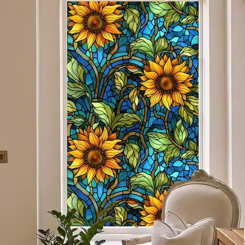 Privacy Window Film Stained Glass Window Film Non-Adhesive Frosted Glass Film Decorative Sunflower Pattern Static Cling Window Film for Home UV Blocking/Heat Insulation 23.6 x 39.4inch in Kuwait