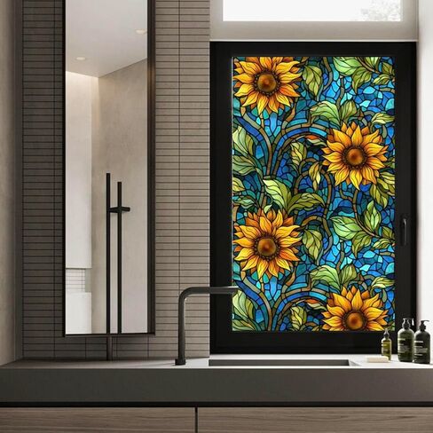 Privacy Window Film Stained Glass Window Film Non-Adhesive Frosted Glass Film Decorative Sunflower Pattern Static Cling Window Film for Home UV Blocking/Heat Insulation 23.6 x 39.4inch in Kuwait