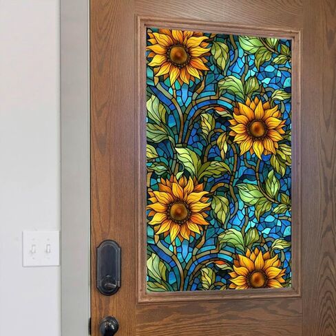 Privacy Window Film Stained Glass Window Film Non-Adhesive Frosted Glass Film Decorative Sunflower Pattern Static Cling Window Film for Home UV Blocking/Heat Insulation 23.6 x 39.4inch in Kuwait