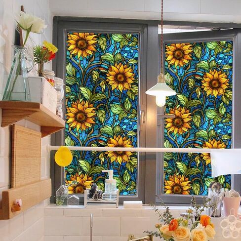 Privacy Window Film Stained Glass Window Film Non-Adhesive Frosted Glass Film Decorative Sunflower Pattern Static Cling Window Film for Home UV Blocking/Heat Insulation 23.6 x 39.4inch in Kuwait