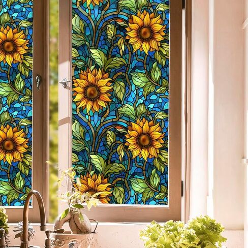 Privacy Window Film Stained Glass Window Film Non-Adhesive Frosted Glass Film Decorative Sunflower Pattern Static Cling Window Film for Home UV Blocking/Heat Insulation 23.6 x 39.4inch in Kuwait