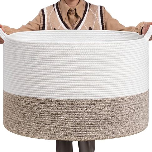 INDRESSME XXX سلة حبل كبيرة سلة تخزين منسوجة وسادة، سلة بطانية سلة غسيل رمادية، تصميم مستطيل in Kuwait