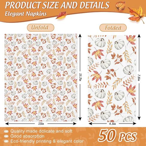 AnyDesign 50Pcs Fall Paper Guest Napkins Pumpkin Leaves Bathroom Napkins White Orange Disposable Hand Towel Napkin for Autumn Thanksgiving Home Party Supplies, 4.3x7.8inch in Saudi Arabia