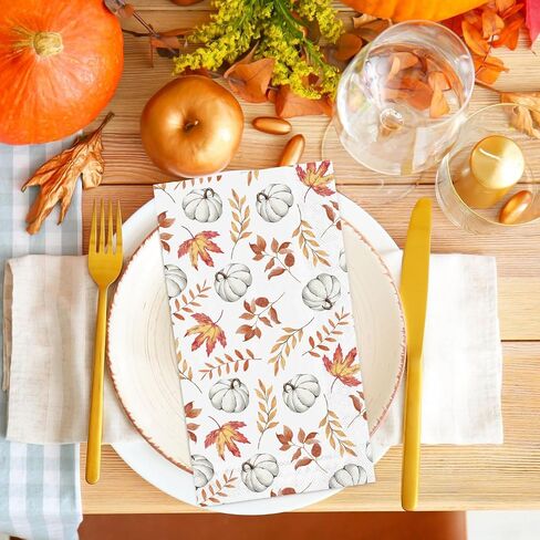 AnyDesign 50Pcs Fall Paper Guest Napkins Pumpkin Leaves Bathroom Napkins White Orange Disposable Hand Towel Napkin for Autumn Thanksgiving Home Party Supplies, 4.3x7.8inch in Saudi Arabia