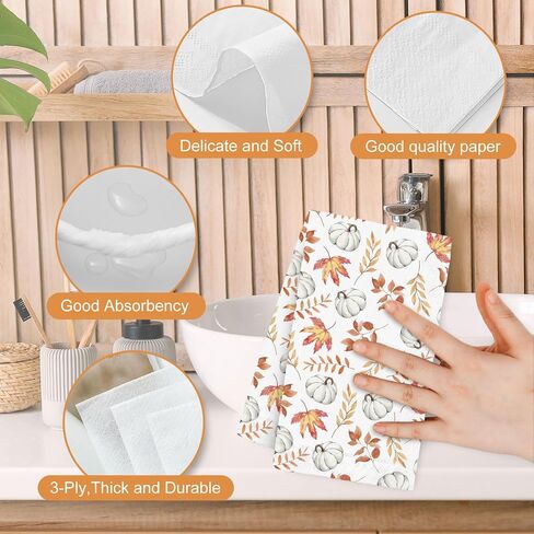 AnyDesign 50Pcs Fall Paper Guest Napkins Pumpkin Leaves Bathroom Napkins White Orange Disposable Hand Towel Napkin for Autumn Thanksgiving Home Party Supplies, 4.3x7.8inch in Saudi Arabia