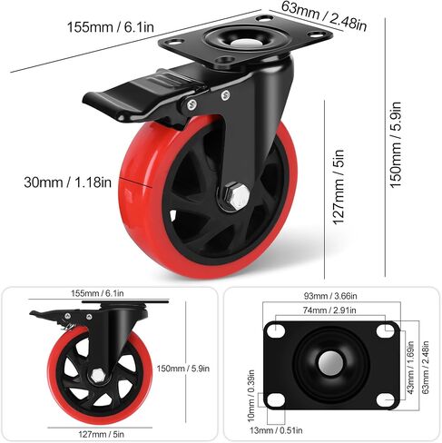 3 Inch Heavy Duty Caster Wheels Set of 4 With Brake 360 Degree Swivel Top Plate Casters Cart Wheels Silent Locking Industrial Casters Polyurethane 1200 Lbs Castor Wheels for Cart, Furniture, Workbench in Saudi Arabia