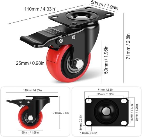 3 Inch Heavy Duty Caster Wheels Set of 4 With Brake 360 Degree Swivel Top Plate Casters Cart Wheels Silent Locking Industrial Casters Polyurethane 1200 Lbs Castor Wheels for Cart, Furniture, Workbench in Kuwait