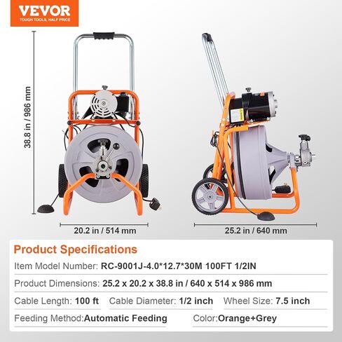 آلة تنظيف الصرف الصحي VEVOR بطول 100 قدم × 1/2 بوصة، تغذية تلقائية لصرف الثعبان على العجلات، آلة تنظيف الصرف المحمولة مع 8 قواطع ومفتاح قدم يعمل بالهواء لأنابيب من 2 إلى 4 بوصات in Saudi Arabia