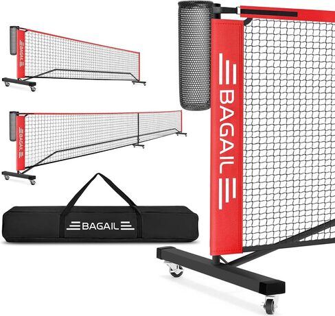مجموعة شبكة كرة المخلل المحمولة من باجيل بعجلات، حجم تنظيم 22 قدمًا وحجم نصف ملعب 11 قدمًا، شبكة كرة مخلل 2 في 1 مع جامع كرات، حقيبة حمل، إعداد سهل للممر الداخلي الخارجي in Kuwait