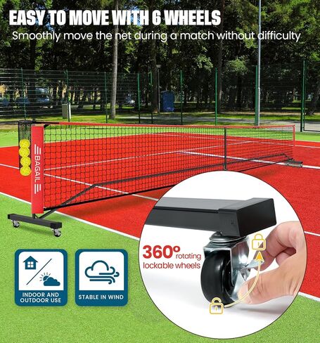 مجموعة شبكة كرة المخلل المحمولة من باجيل بعجلات، حجم تنظيم 22 قدمًا وحجم نصف ملعب 11 قدمًا، شبكة كرة مخلل 2 في 1 مع جامع كرات، حقيبة حمل، إعداد سهل للممر الداخلي الخارجي in Kuwait