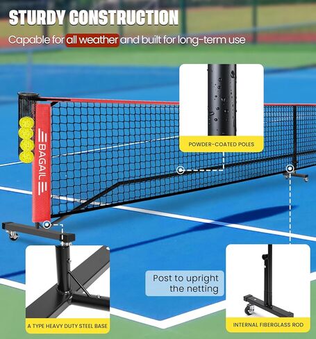 مجموعة شبكة كرة المخلل المحمولة من باجيل بعجلات، حجم تنظيم 22 قدمًا وحجم نصف ملعب 11 قدمًا، شبكة كرة مخلل 2 في 1 مع جامع كرات، حقيبة حمل، إعداد سهل للممر الداخلي الخارجي in Kuwait