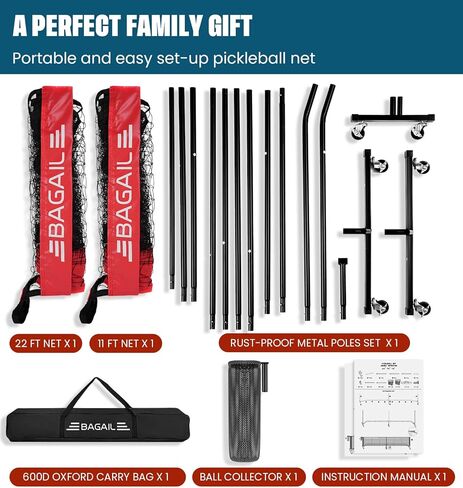 مجموعة شبكة كرة المخلل المحمولة من باجيل بعجلات، حجم تنظيم 22 قدمًا وحجم نصف ملعب 11 قدمًا، شبكة كرة مخلل 2 في 1 مع جامع كرات، حقيبة حمل، إعداد سهل للممر الداخلي الخارجي in Kuwait