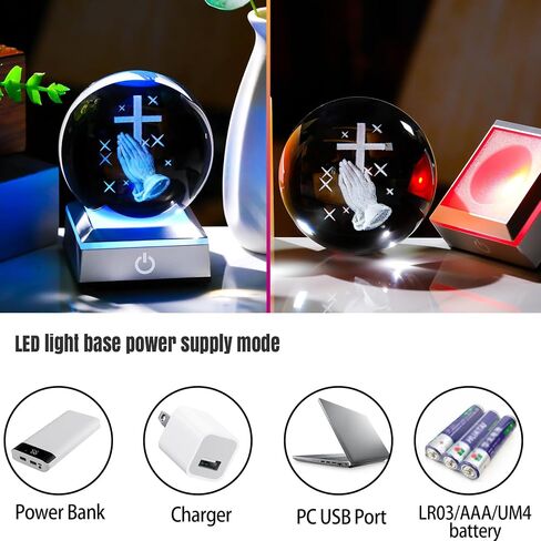 3.15 بوصة كرة كريستال منقوشة ثلاثية الأبعاد تمثال يسوع المسيح مع قاعدة إضاءة LED، تمثال صليب مسيحي هدايا عيد الميلاد الدينية للنساء والرجال والأصدقاء ديكور منزلي قابل للتجميع in Kuwait