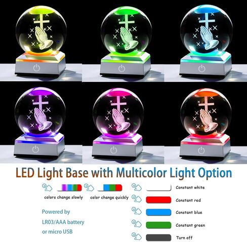 3.15 بوصة كرة كريستال منقوشة ثلاثية الأبعاد تمثال يسوع المسيح مع قاعدة إضاءة LED، تمثال صليب مسيحي هدايا عيد الميلاد الدينية للنساء والرجال والأصدقاء ديكور منزلي قابل للتجميع in Kuwait