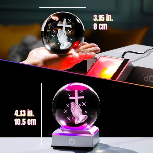 3.15 بوصة كرة كريستال منقوشة ثلاثية الأبعاد تمثال يسوع المسيح مع قاعدة إضاءة LED، تمثال صليب مسيحي هدايا عيد الميلاد الدينية للنساء والرجال والأصدقاء ديكور منزلي قابل للتجميع in Kuwait