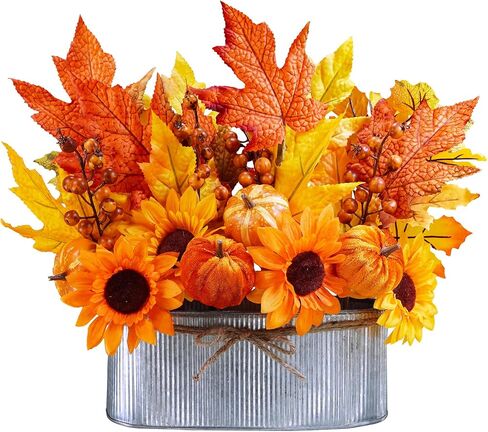 Winlyn 10" Fall Floral Arrangement in Galvanized Metal Oval Planter Artificial Autumn Harvest Maple Leaf Floral Stems Faux Potted Plants Table Centerpiece for Farmhouse Wedding Home Mantel Décor in Saudi Arabia