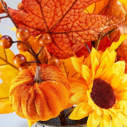 Winlyn 10" Fall Floral Arrangement in Galvanized Metal Oval Planter Artificial Autumn Harvest Maple Leaf Floral Stems Faux Potted Plants Table Centerpiece for Farmhouse Wedding Home Mantel Décor in Saudi Arabia