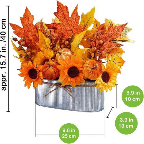 Winlyn 10" Fall Floral Arrangement in Galvanized Metal Oval Planter Artificial Autumn Harvest Maple Leaf Floral Stems Faux Potted Plants Table Centerpiece for Farmhouse Wedding Home Mantel Décor in Saudi Arabia
