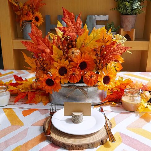 Winlyn 10" Fall Floral Arrangement in Galvanized Metal Oval Planter Artificial Autumn Harvest Maple Leaf Floral Stems Faux Potted Plants Table Centerpiece for Farmhouse Wedding Home Mantel Décor in Saudi Arabia