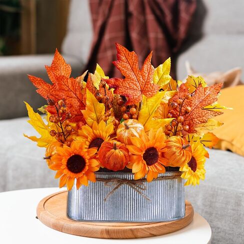 Winlyn 10" Fall Floral Arrangement in Galvanized Metal Oval Planter Artificial Autumn Harvest Maple Leaf Floral Stems Faux Potted Plants Table Centerpiece for Farmhouse Wedding Home Mantel Décor in Saudi Arabia