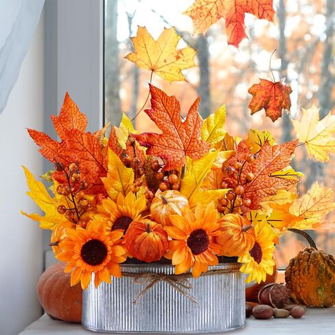 Winlyn 10" Fall Floral Arrangement in Galvanized Metal Oval Planter Artificial Autumn Harvest Maple Leaf Floral Stems Faux Potted Plants Table Centerpiece for Farmhouse Wedding Home Mantel Décor in Saudi Arabia