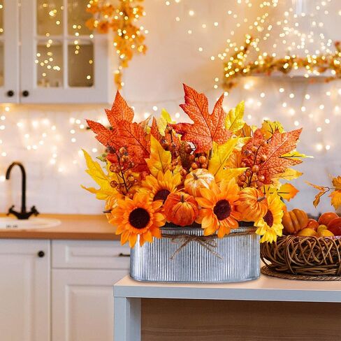 Winlyn 10" Fall Floral Arrangement in Galvanized Metal Oval Planter Artificial Autumn Harvest Maple Leaf Floral Stems Faux Potted Plants Table Centerpiece for Farmhouse Wedding Home Mantel Décor in Saudi Arabia