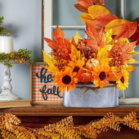 Winlyn 10" Fall Floral Arrangement in Galvanized Metal Oval Planter Artificial Autumn Harvest Maple Leaf Floral Stems Faux Potted Plants Table Centerpiece for Farmhouse Wedding Home Mantel Décor in Saudi Arabia