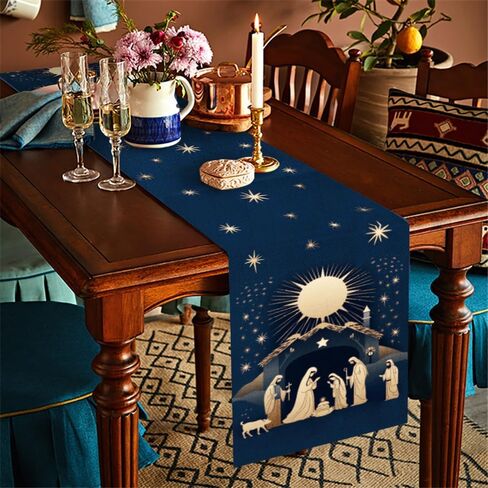 WRAPAHOLIC Christmas Table Runner - 13 x 72 Inch - Seasonal Winter Xmas Holiday Farmhouse Style Kitchen Dining Table Decoration for Indoor Outdoor Home Party - Nativity in Saudi Arabia