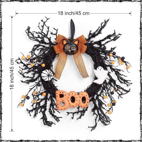 18" Artificial Halloween Wreath, Black Cat Wreath with White Ghost, Pumpkin and Boo, Halloween Wreath for Front Door Wall Window Porch, Black Halloween Decorations in Saudi Arabia