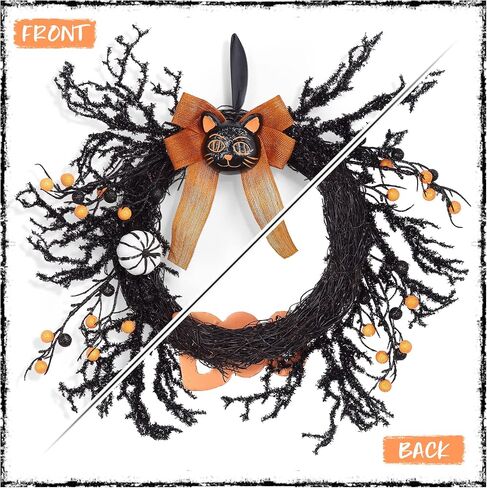 18" Artificial Halloween Wreath, Black Cat Wreath with White Ghost, Pumpkin and Boo, Halloween Wreath for Front Door Wall Window Porch, Black Halloween Decorations in Saudi Arabia